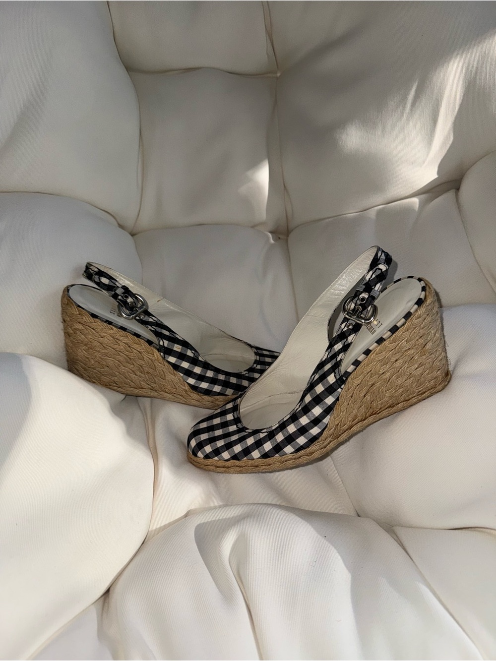 Stuart Weitzman Black & White Gingham Espadrille Wedge Slingbacks
